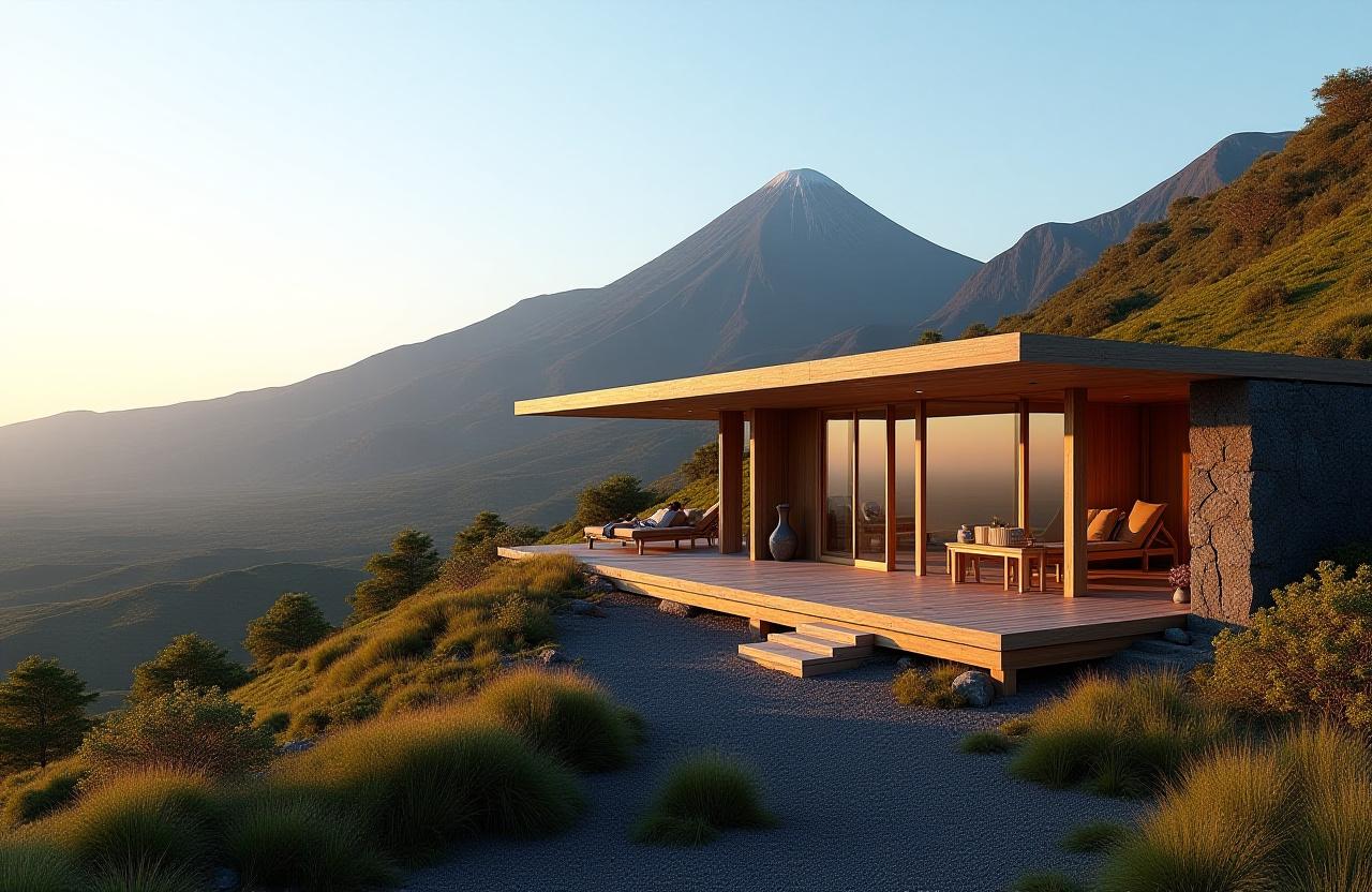 Sustainable eco-lodge with panoramic volcanic mountain views
