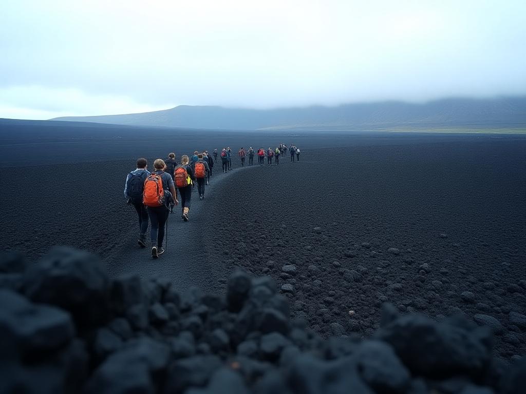 Adventure group walking across black volcanic lava fields