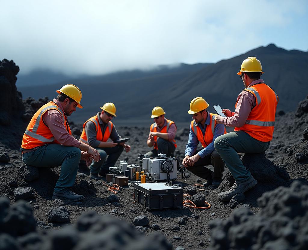 Scientists conducting field research at volcanic monitoring station